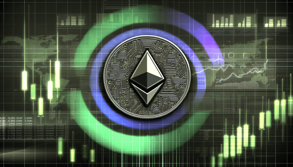 Ethereum symbol overlaid on financial graph with digital circuits