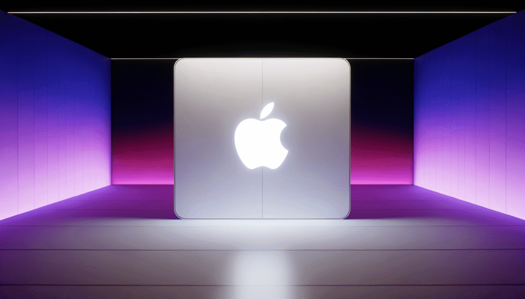 Futuristic room with glowing Apple logo on metallic surface