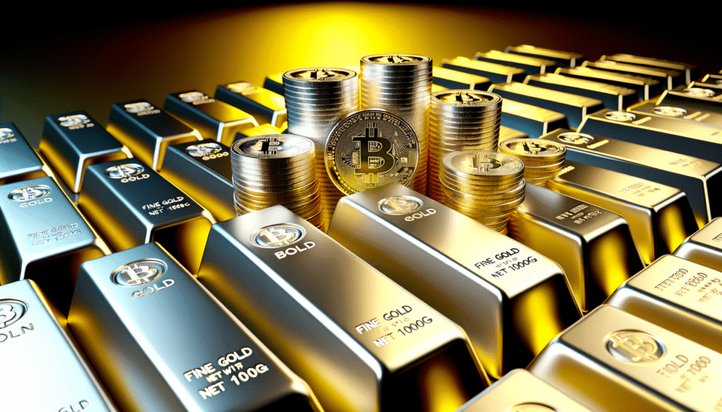 Stacks of Bitcoin coins surrounded by gold bars, symbolizing cryptocurrency wealth and investment.