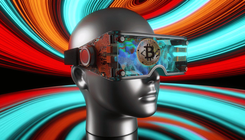 Futuristic mannequin wearing virtual reality headset with Bitcoin symbol and digital circuit design