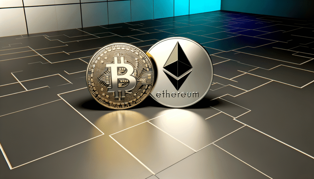 Bitcoin and Ethereum coins on a digital grid background