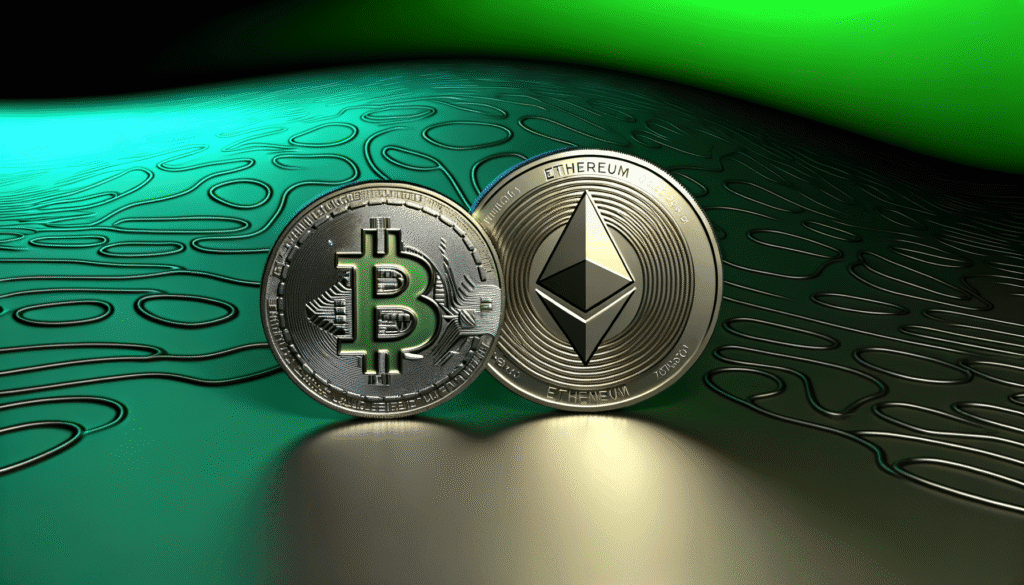 Bitcoin and Ethereum coins on a futuristic green and black background