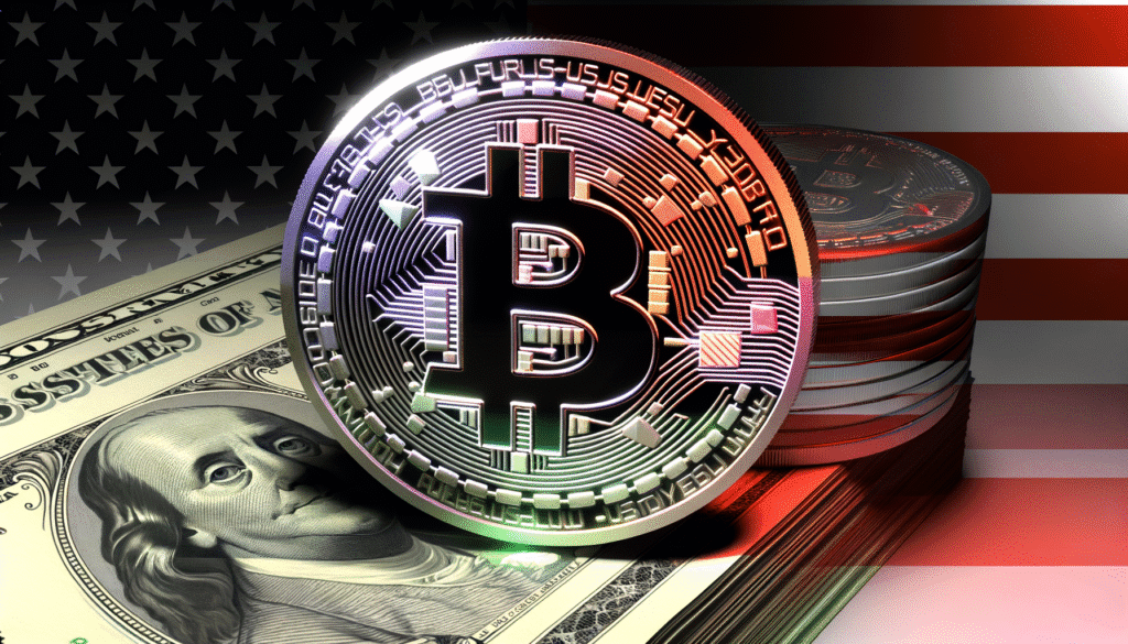 Bitcoin coin on top of US dollar bills with American flag background.