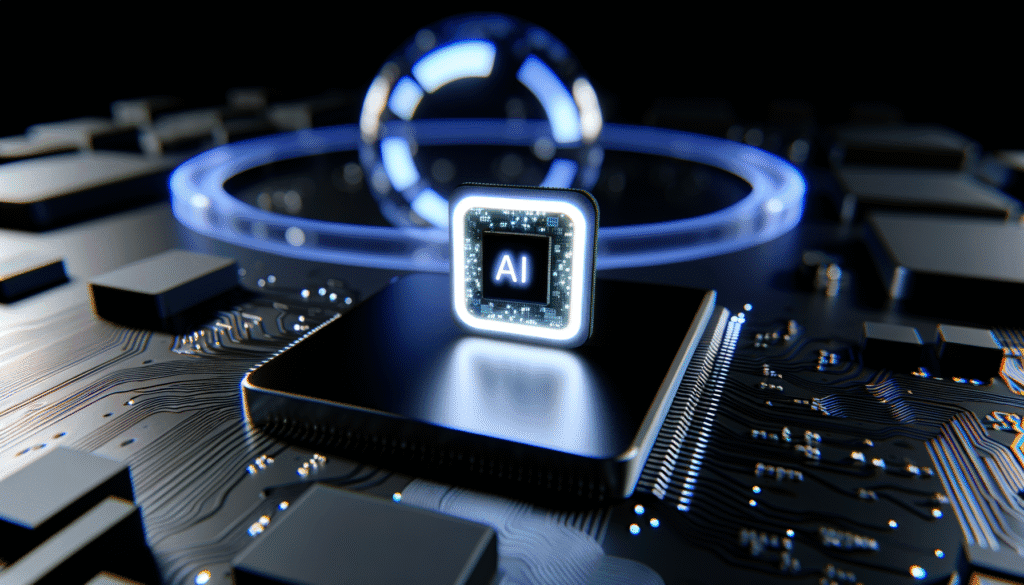 AI microchip on a circuit board with digital elements, representing advanced technology in cryptocurrency.