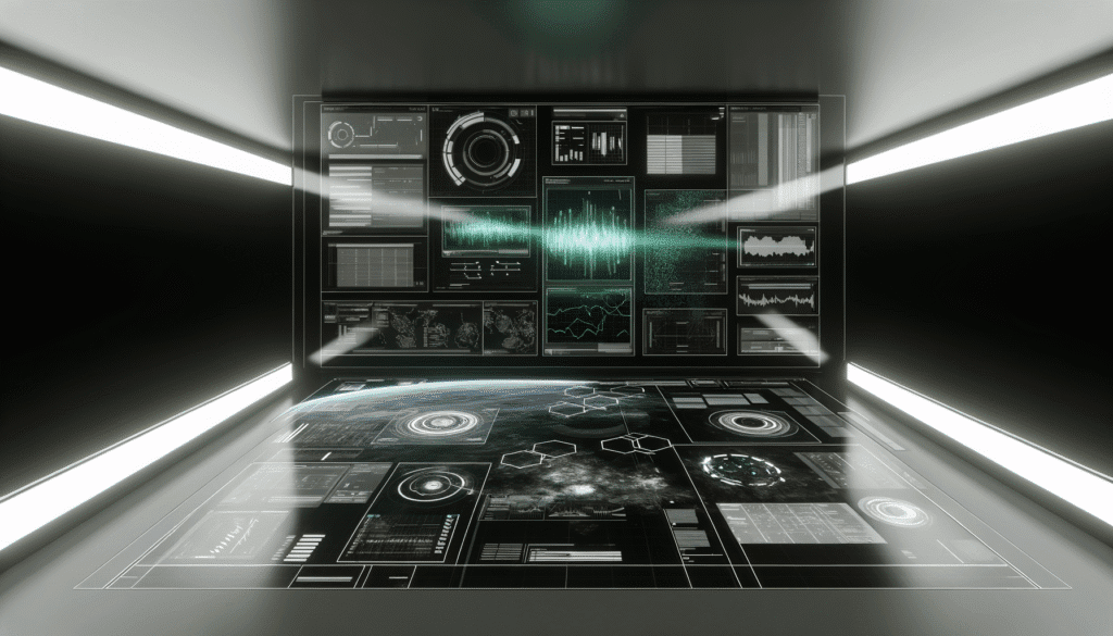 Futuristic digital cryptocurrency dashboard with data charts and graphs in a high-tech environment
