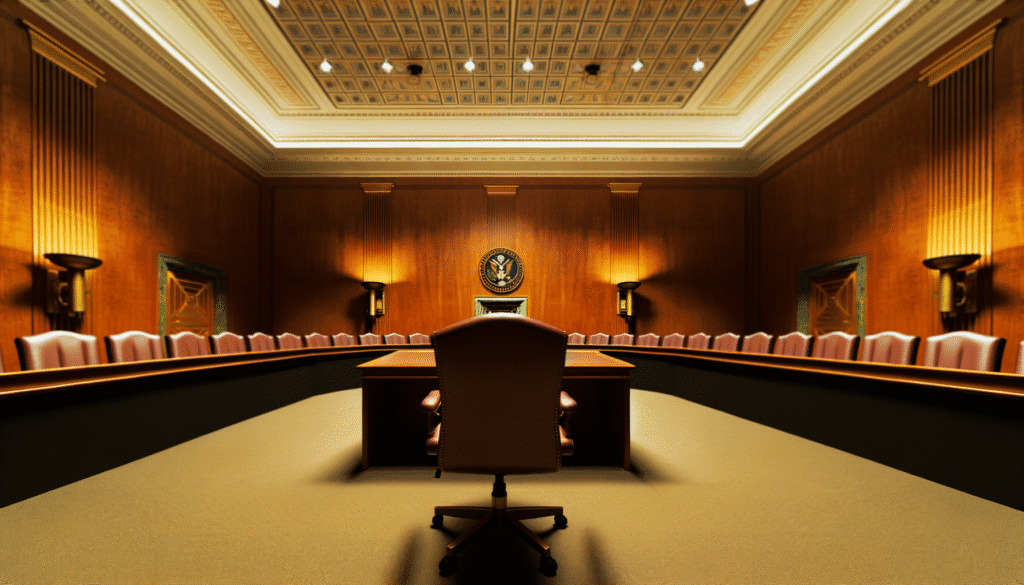 Empty courtroom with judge's chair and seal, symbolizing legal decisions in cryptocurrency regulations.