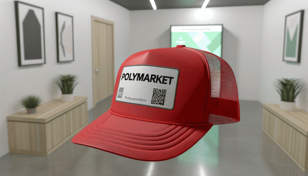 Red Polymarket cap with logo and QR code in a modern office setting