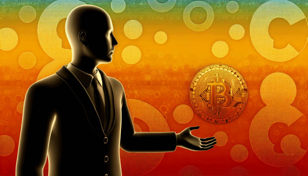 Silhouetted figure in suit presenting a Bitcoin symbol against a digital orange and yellow background.