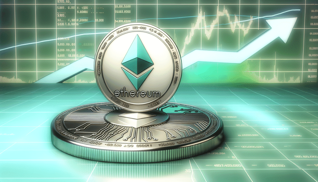 Ethereum cryptocurrency coin with chart and arrow indicating growth in green background