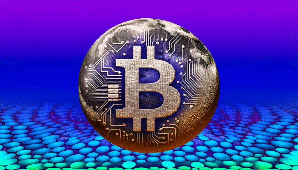 Futuristic Bitcoin symbol embedded in a digital moon, surrounded by vibrant neon patterns.