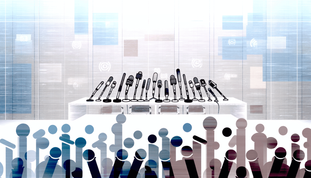 Press conference setting with multiple microphones on a podium and an audience silhouette, suggesting a major crypto announcement.
