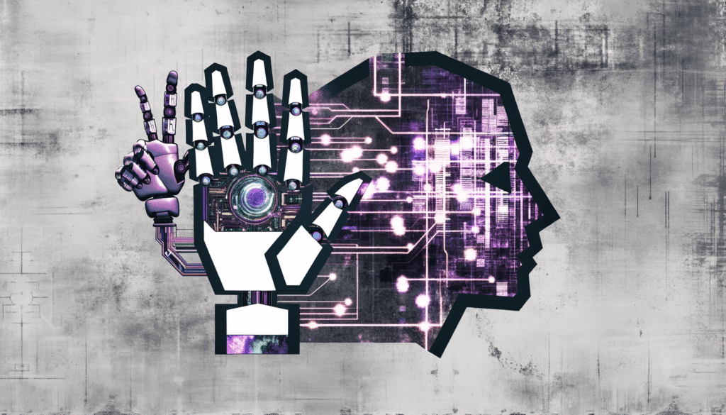 Illustration of a robotic hand and digital head symbolizing AI in cryptocurrency