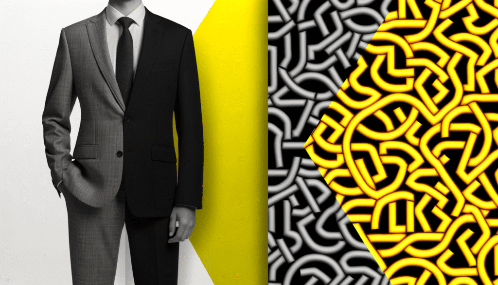 Businessman in split-colored suit with abstract crypto-themed background in yellow and black