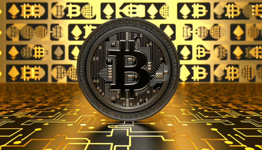 Digital representation of Bitcoin with blockchain symbols in a futuristic setting