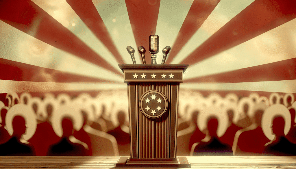 Vintage style podium with microphones against a backdrop of a large audience, symbolizing a crypto conference or announcement.