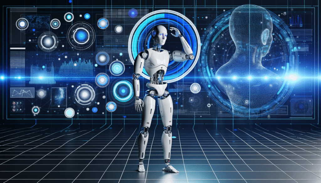 Futuristic robot analyzing digital interface in a virtual environment