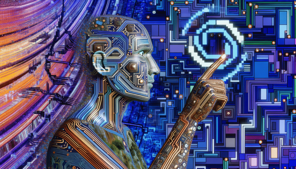 Digital artwork of a cybernetic figure interacting with a glowing spiral on a circuit board background, symbolizing the fusion of technology and consciousness in cryptocurrency.