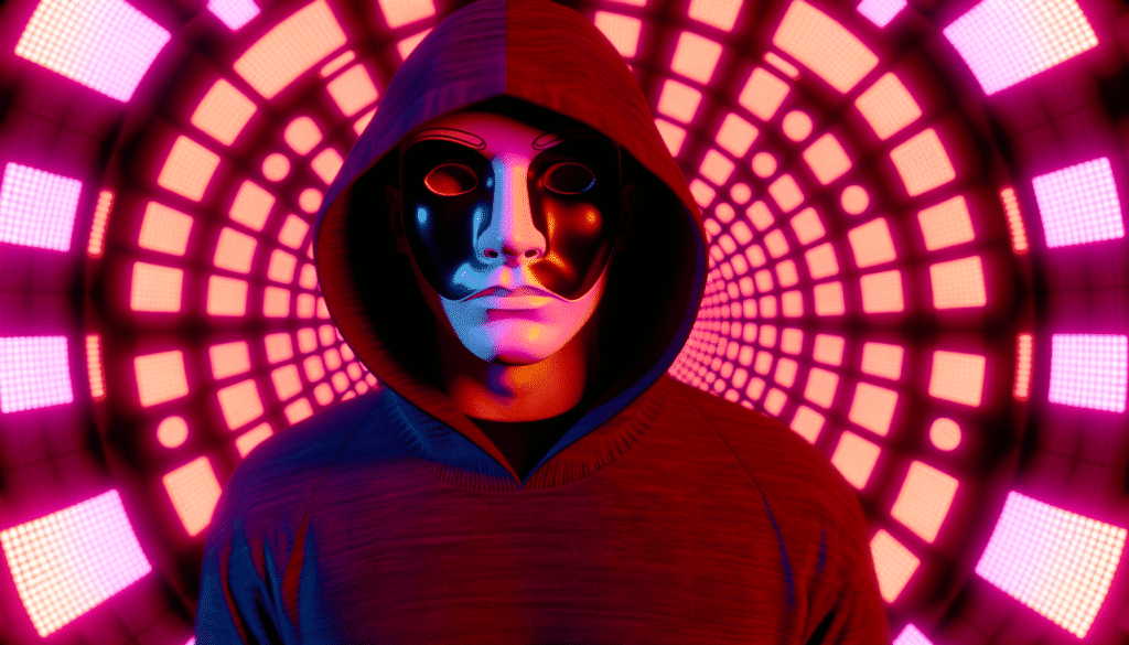 Digital artwork of a mysterious figure in a hooded sweatshirt wearing a mask, with a vibrant and futuristic tunnel of lights in the background, symbolizing anonymity in the crypto world.