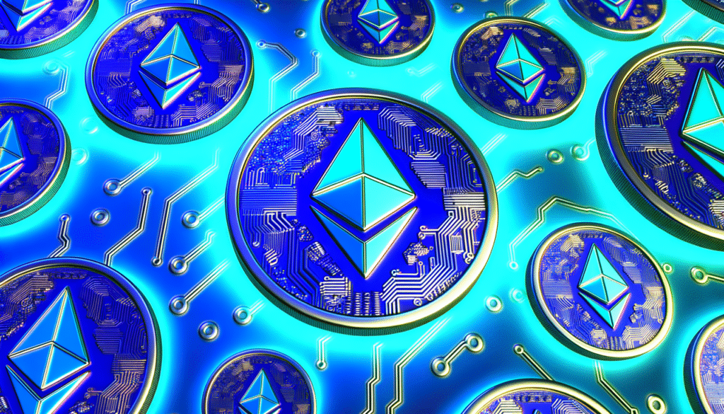 Digital illustration of multiple Ethereum coins on a circuit board background