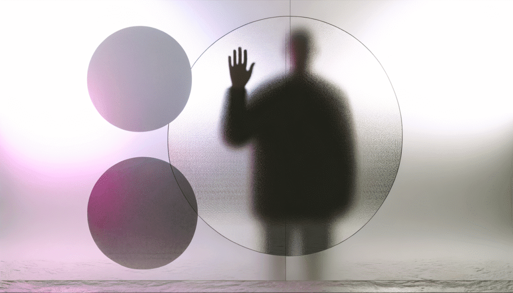 Silhouette of a person behind frosted glass with purple and grey circles, concept of anonymity in crypto