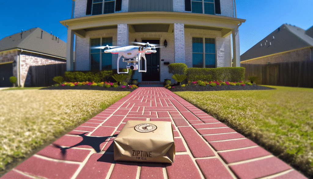 Drone delivering a package with 'Zipline for Real' written on it to a residential doorstep.
