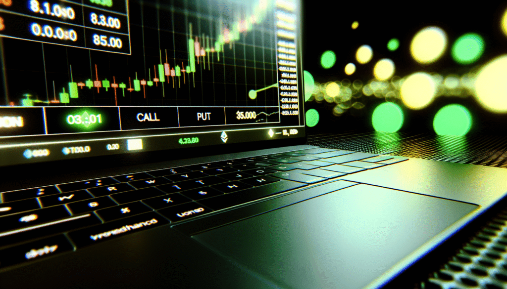 Close-up of a laptop displaying cryptocurrency trading charts and green bokeh lights in background