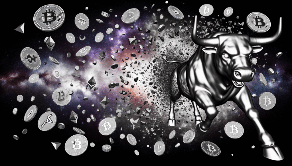 Digital illustration of a silver bull charging through a field of floating cryptocurrency coins, symbolizing a bullish crypto market
