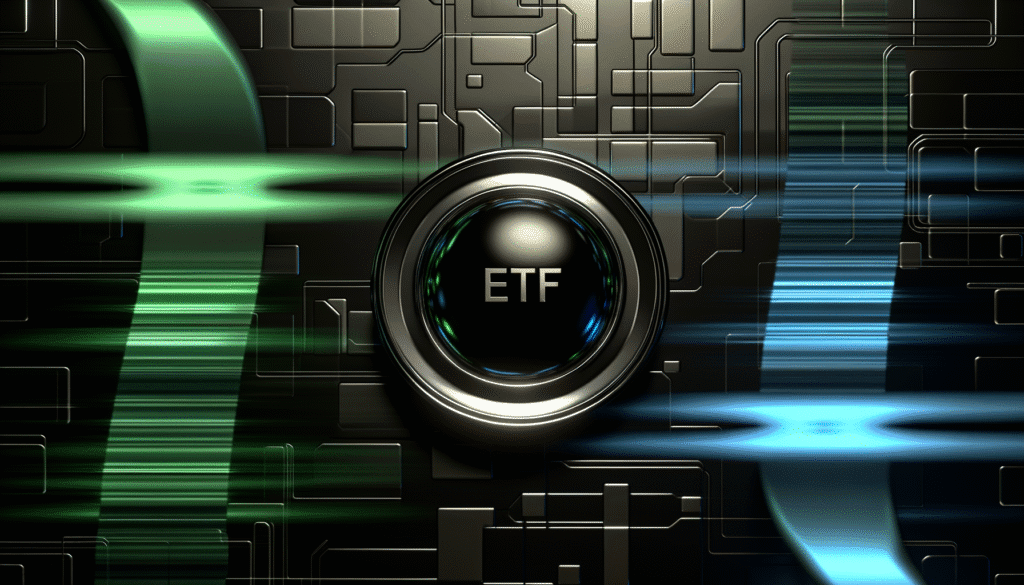 Digital rendering of an ETF button with circuit board background in green and blue tones