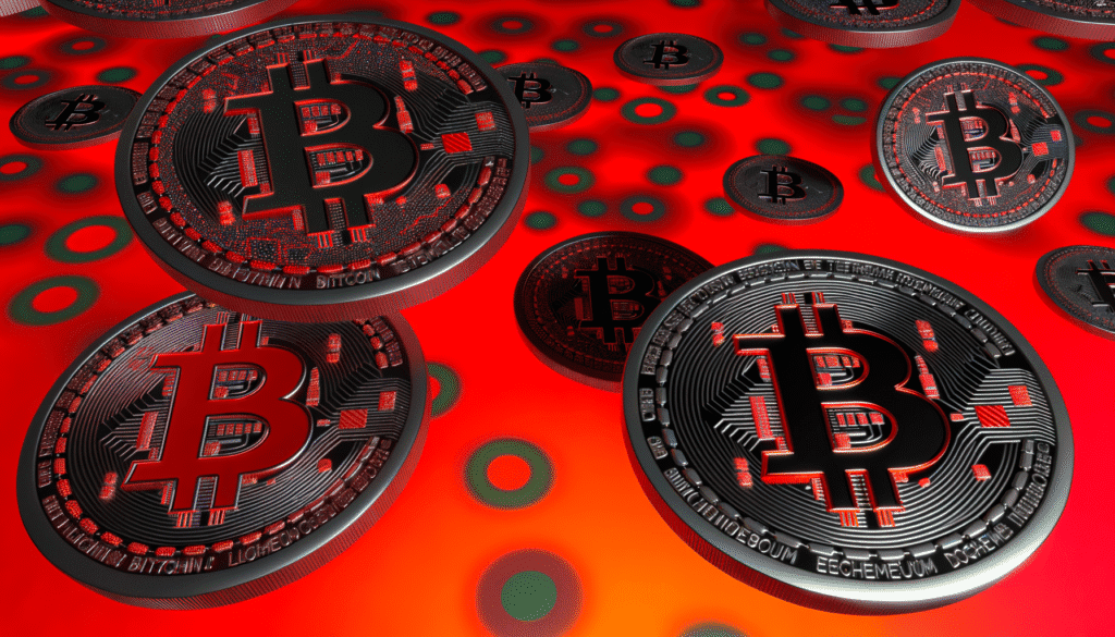 Floating Bitcoin coins on a vibrant red and green background