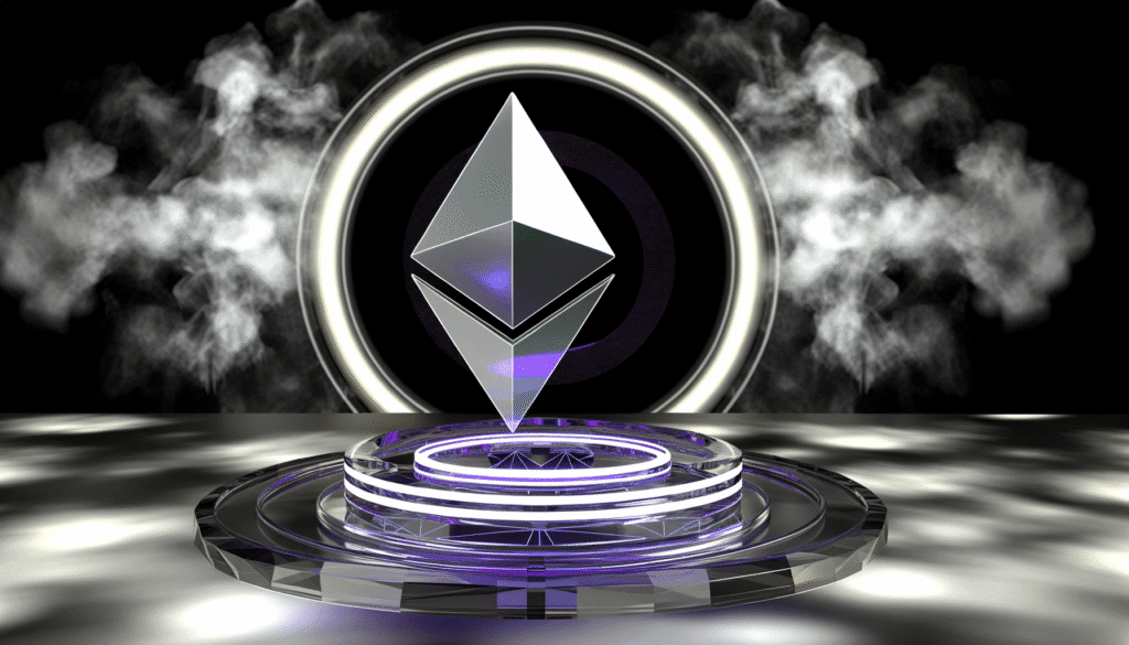 Futuristic depiction of the Ethereum logo amidst a digital and smoky background