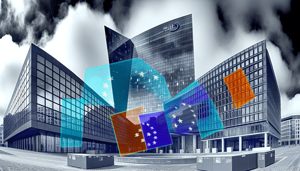 Modern building with digital euro symbol and futuristic overlays representing cryptocurrency concepts