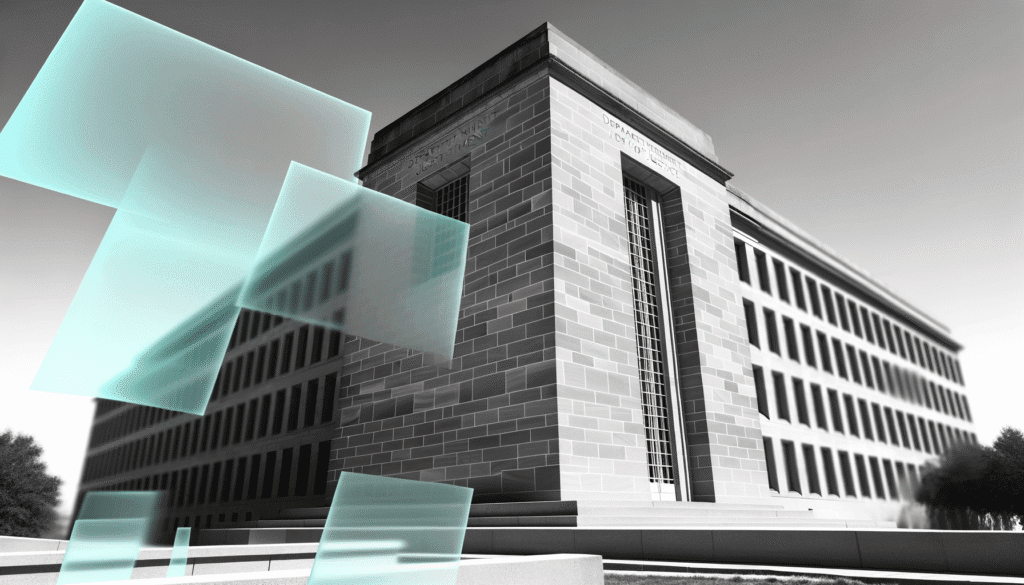 Modern architecture with digital cryptocurrency concept overlay.