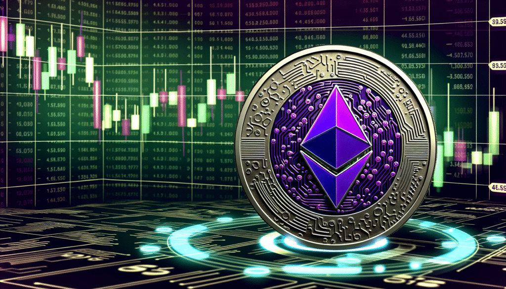 Ethereum coin in front of digital stock market chart, symbolizing cryptocurrency trends