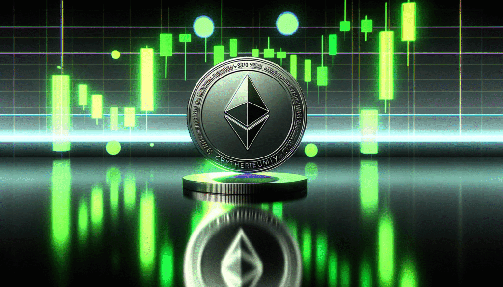 Ethereum coin with glowing green stock market chart in the background