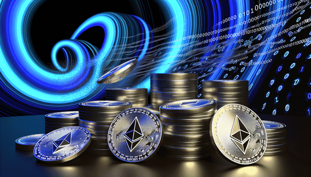 Stacks of Ethereum coins with digital binary code in the background, representing cryptocurrency investment and blockchain technology.