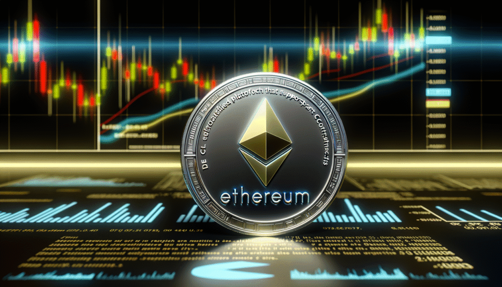 Ethereum coin in front of colorful financial trading charts