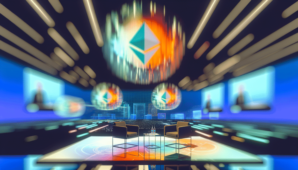Futuristic conference setup with Ethereum logo, digital screens, and chairs for crypto discussion