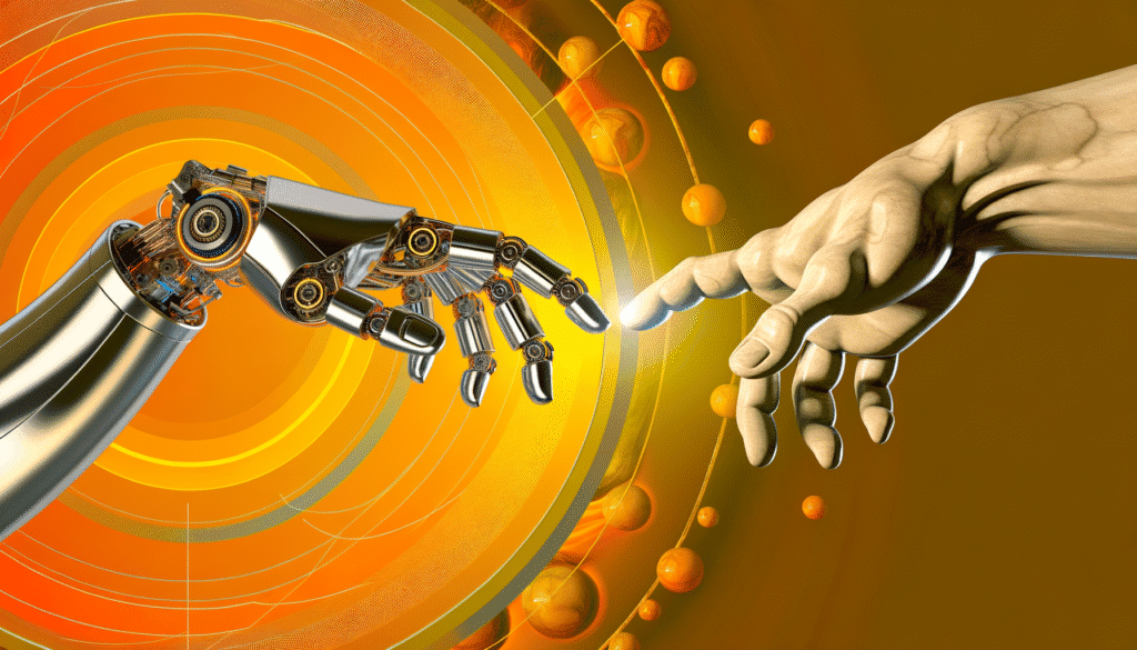 Conceptual image of a robotic hand reaching towards a human hand, symbolizing the intersection of technology and humanity in the crypto world.
