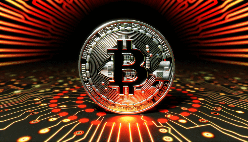 Bitcoin symbol depicted on a digital coin with a futuristic circuit board background, illustrating cryptocurrency technology.