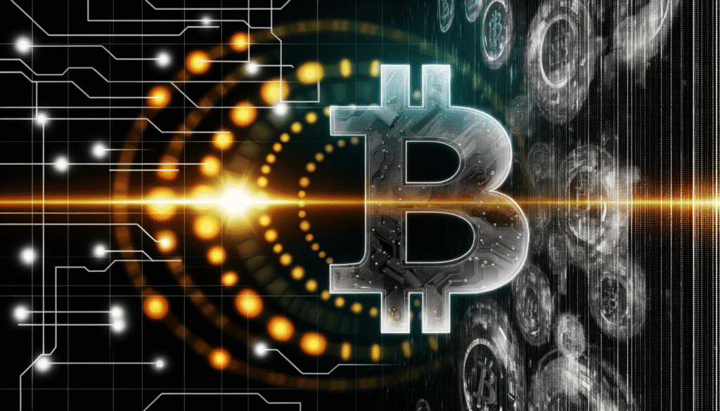 Digital representation of Bitcoin symbol with circuit and network design elements.