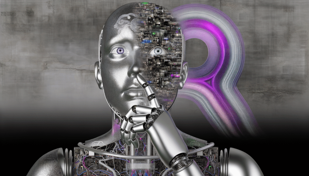Futuristic robot with digital circuitry pondering against a textured background