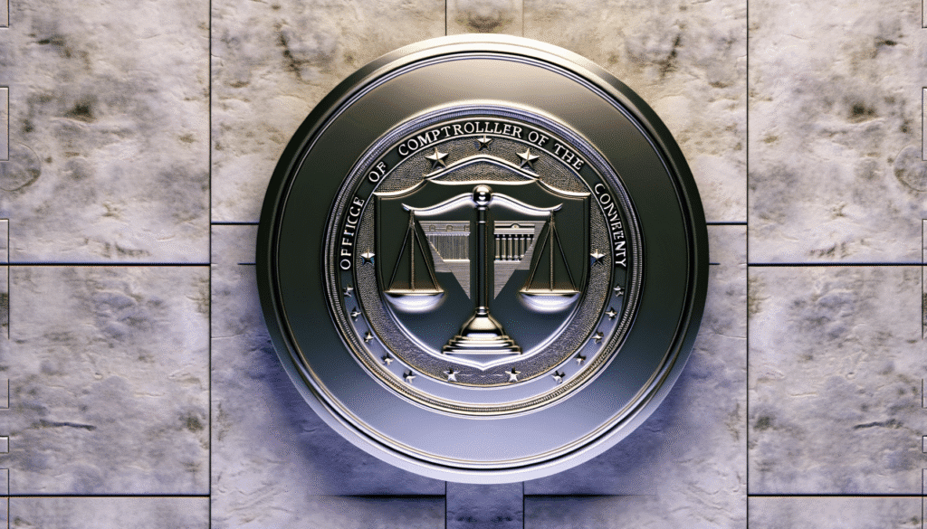 Office of the Comptroller of the Currency emblem on stone wall