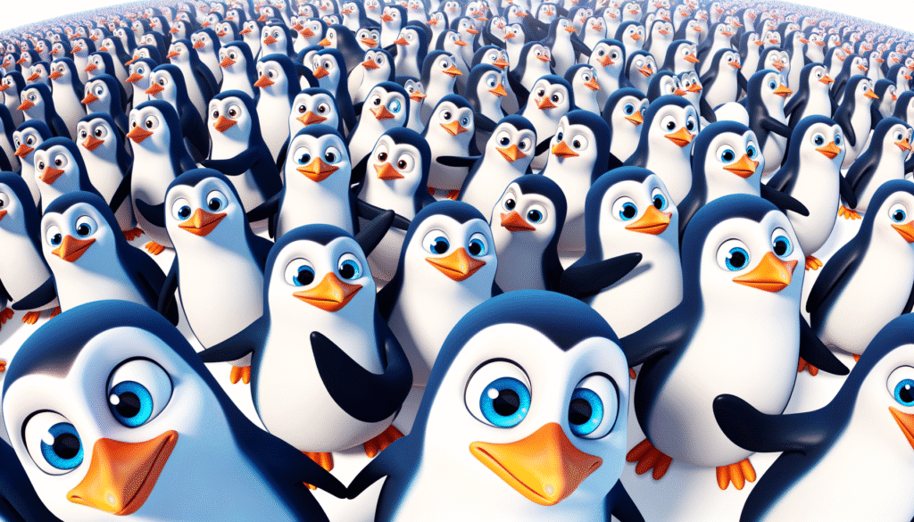 A large group of cartoon penguins standing closely together with cheerful expressions.