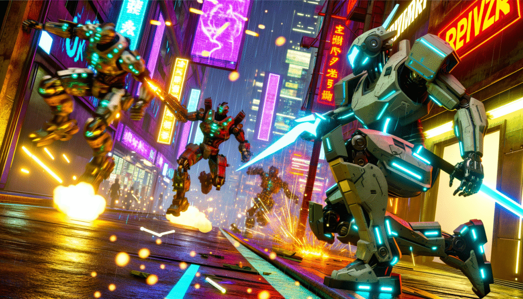 Futuristic scene with robots battling in a neon-lit cityscape, representing dynamic advancements in crypto technology.