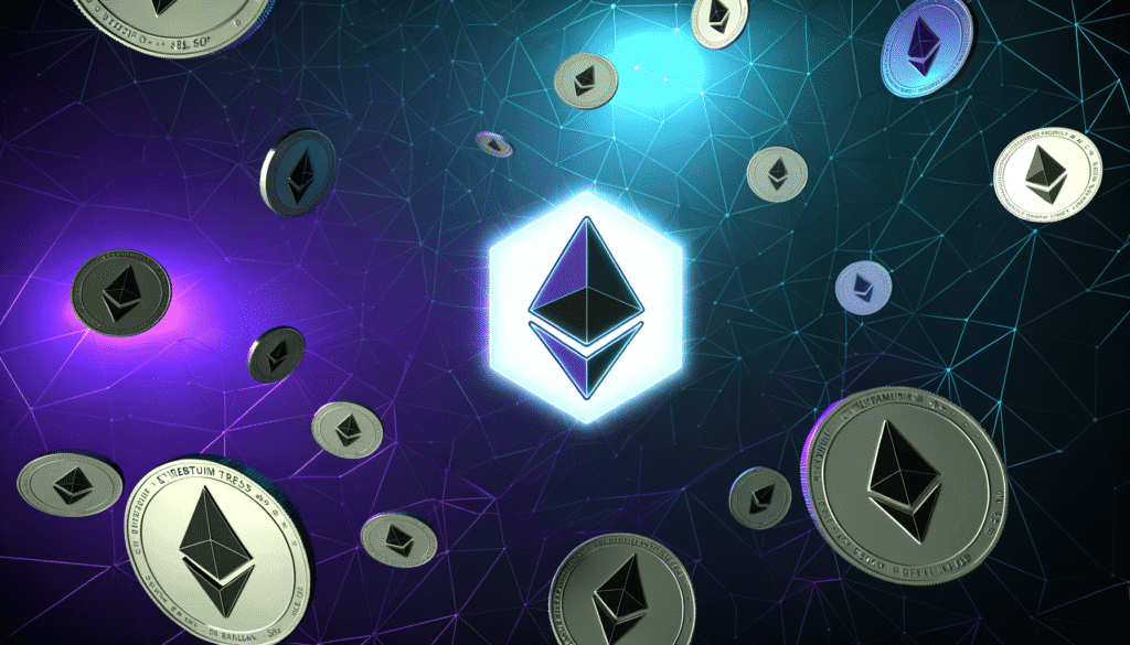 Ethereum coins floating against a digital network background with Ethereum symbol highlighted in the center