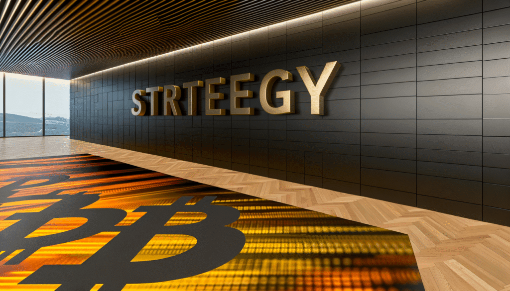Modern office with 'Strategy' sign and Bitcoin logo on rug, symbolizing crypto strategy.