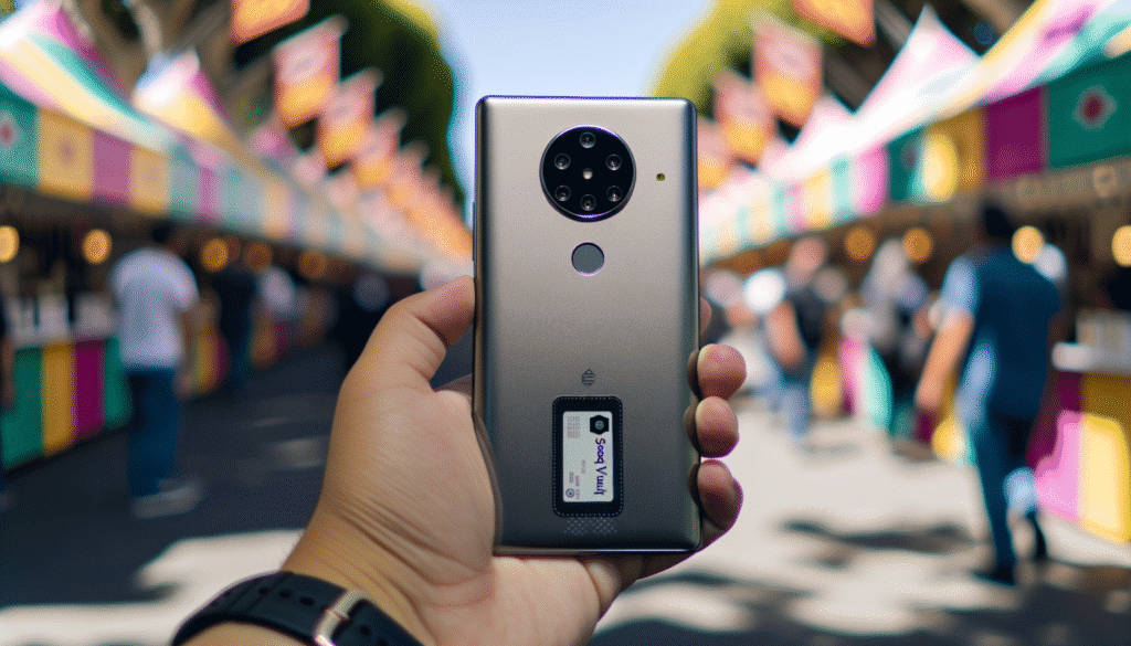 Hand holding a modern smartphone with a crypto hardware wallet attached, market stalls in the background