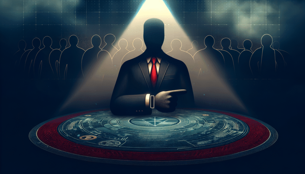 Mysterious figure in suit pointing at digital crypto-themed table, with group of silhouettes in the background