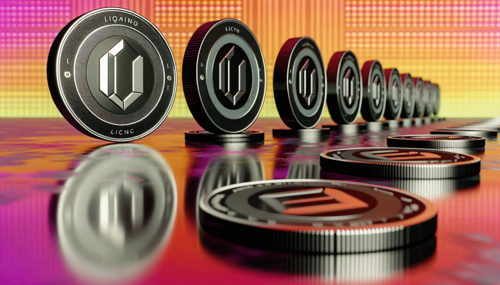 Row of futuristic digital coins against a vibrant, colorful background, representing the cryptocurrency concept.