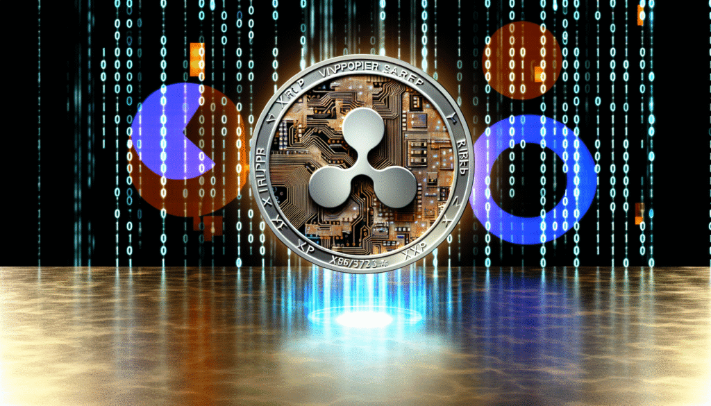 Digital representation of Ripple cryptocurrency with binary code background, symbolizing blockchain technology.